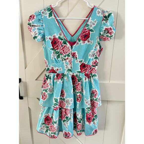 Betsy Johnson Rose Garden Seersucker Zip Front Mini Dress Aqua Floral size Small - Picture 4 of 13